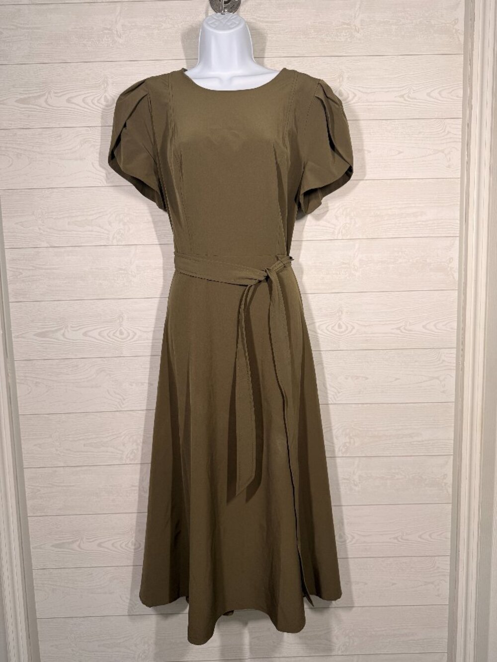 Calvin Klein Olive Belted Midi Dress Size 14 Tulip Sleeve A-Line